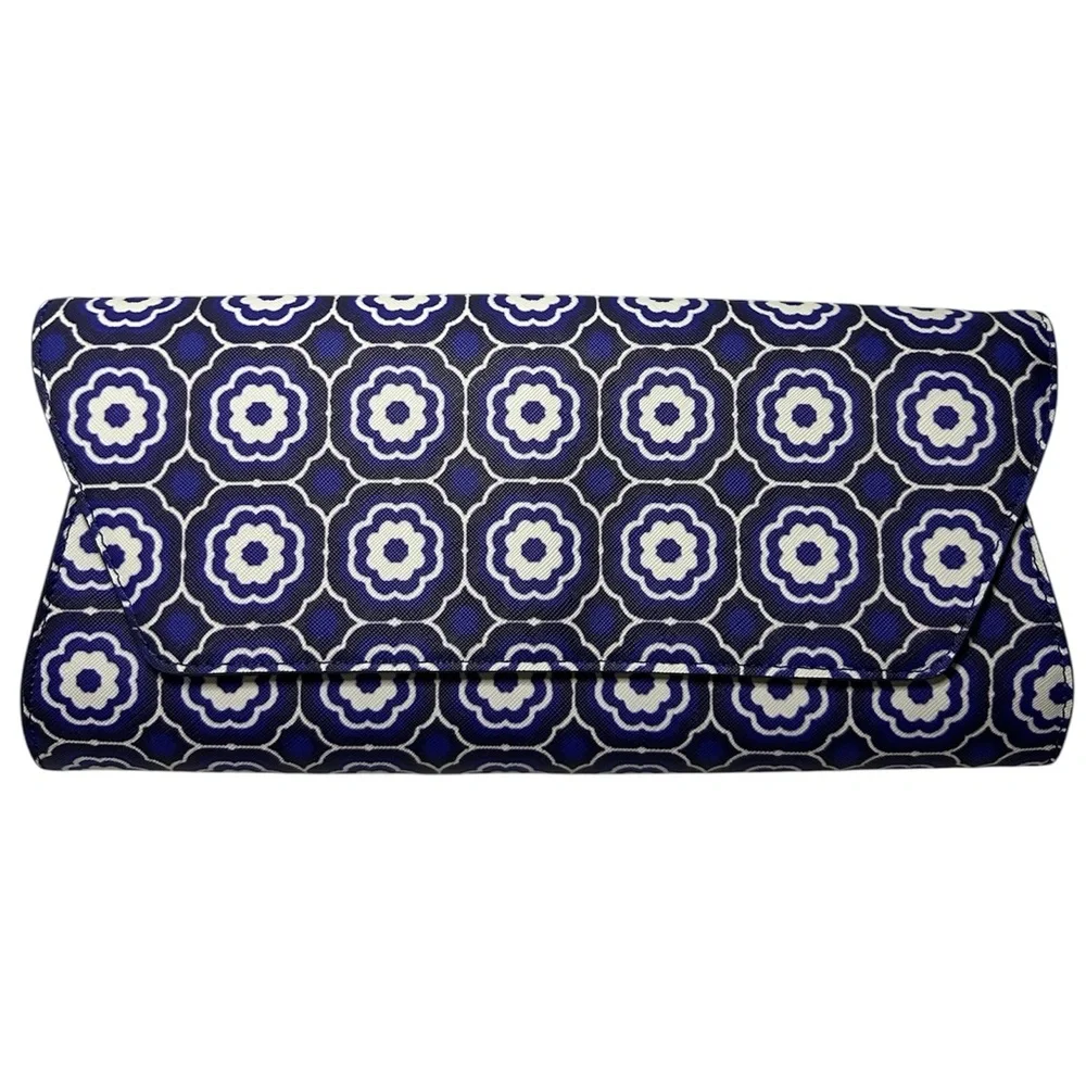Trina Turk New Medallion Herringbone Blue & White Faux Envelope Leather Clutch